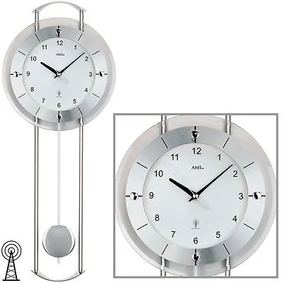 AMS 5254 Wall Clock RC Radio With Pendulum Silver Modern Glass • £117.97