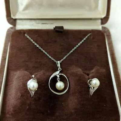 SET! Necklace & Non-pierced Earrings Mikimoto Akoya Pearl 5mm Silver 925  W/Box • $199