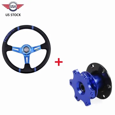 Blue 350mm Deep Dished Racing Aluminum Steering Wheel & Quick Release Hub Kit • $39.19