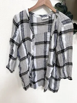 Habitat Top Shirt Womens Large Gray Plaid Button 3/4 Sleeve Textured Casual • $9