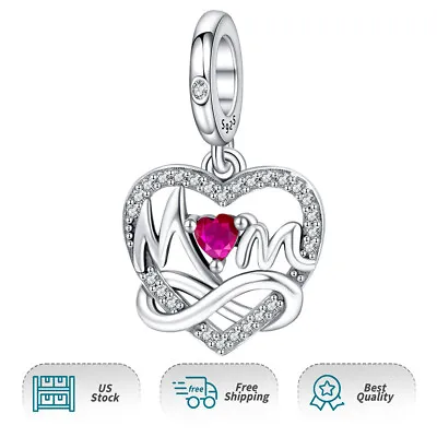Real 925 Sterling Silver Love Mom Heart Dangle For Charm Bracelets & Necklaces • $19.98