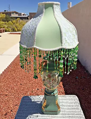Vintage Green Table Lamp Victorian Floral With Custom Beaded Fringe Shade • $70