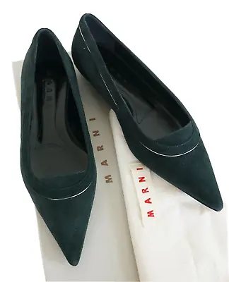 🆕️ Authentic MARNI Dark Sea Green Suede Pointed Toe Ballet Flats EUR-38 US-8 • $225