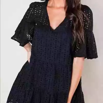 Mustard Seed Dress Womens M Black Eyelet Short Swing V-Neck • $19.99