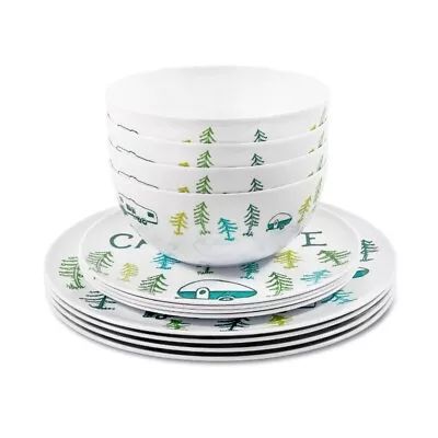 12-Piece Campsite Camper/RV Dinnerware Set MelamineMulticolor RV Sketch Design • $28.97