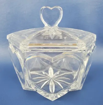 Vintage Lead Crystal Cut Glass Heart Motif 4½  Lidded Candy Bowl Starburst  • $24.95