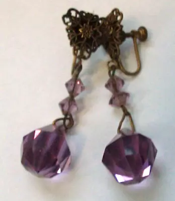 Vintage Edwardian Faceted Amethyst Glass Screw Back Dangle Earrings • £6.43