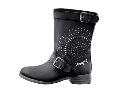 £71.80 • Buy Desigual Malva Black Leather Moto Motorcycle Cut Outs Buckle Boots Size 37 US 7