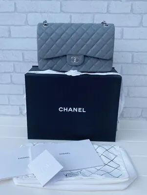 Bnib Chanel Grey Classic Quilted Caviar Jumbo Double Flap Bag With Shw ! • £7550