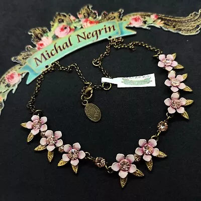 Michal Negrin Necklace Pink Flowers With Swarovski Crystals Statement Gift New • $88