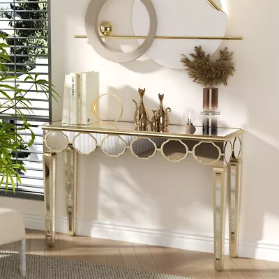 Modern Mirrored Console Table Vanity Makeup Desk Glass Entryway Table Gold Rim • $269.90