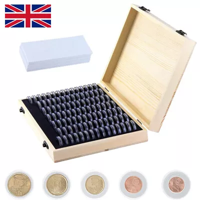 100pcs Coins Display Storage Box Case Capsules Wooden For Collectible Coin Sets • £16.48