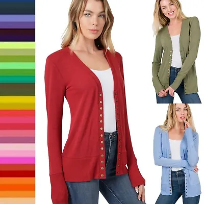 $17.95 • Buy Snap Button Front V Neck Long Sleeve Sweater Cardigan Ribbed Details HW-2039