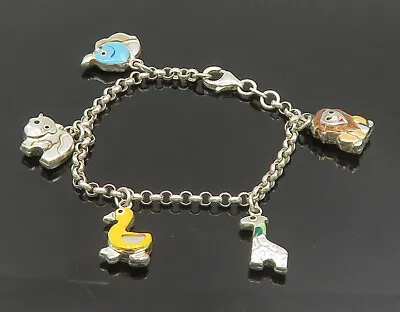 925 Silver - Vintage Lion Giraffe Duck Cow & Elephant Charm Bracelet - BT9333 • $69.70