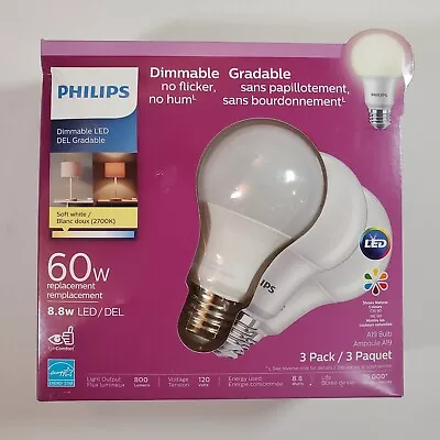 Philips LED 8.8W 800 Lumens Soft White 2700K A19 Light Bulb Medium Base 3 Pack • $8.45