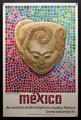1960s An Ancient Smile Enlightens Modern Mexico Travel Poster Vintage Original • $250