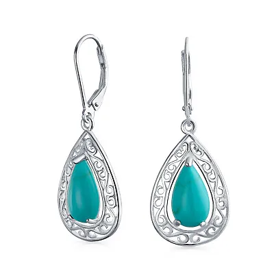 $26.99 • Buy Turquoise Leverback Filigree Dangle Earrings 925 Sterling Silver
