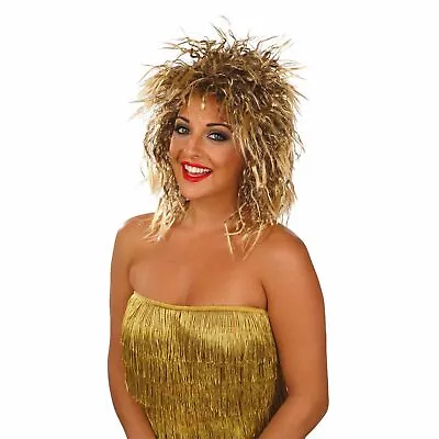 Womens Brown Rock Queen Wig For Adult 80s Rockstar Diva Fancy Dress Costume • $23.95