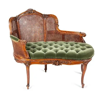 Settee Louis XV Style Caned Green  Tufted Upholstery Height 33 1/2 X Width 40 • $1995