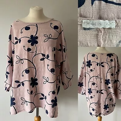 Made In Italy Pink Blue Floral Pure Linen Lagenlook Top Blouse Tunic One Size • £4.99