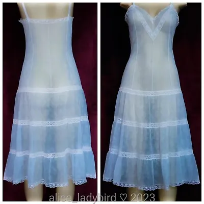 $23 • Buy SHEER Vintage LAROS Full Dress SLIP Nylon CHIFFON Blue Floral ~M 36-38