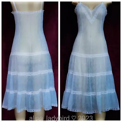 $23 • Buy SHEER Vintage LAROS Full Dress SLIP Nylon CHIFFON Blue Floral ~M 36-38