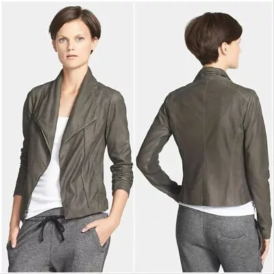 VINCE Brown Scuba Asymmetrical Drape Collar Goat Leather Jacket Merino Inset XS • $120