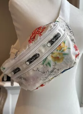 Vintage LeSportsac  Belt Bag White With Floral Design 2 Zip Pockets YKK Strap • $25