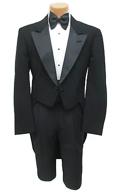 Men's Black Tuxedo Tailcoat Satin Peak Lapels Long Tails Halloween Costume 41S • $49.99