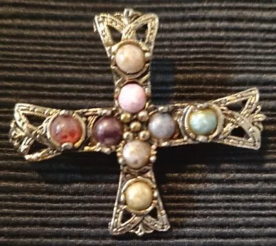 Goldtone Celtic Medieval Style Cross Pin Brooch W/ Multicolored Faux Cabochons • $15.29