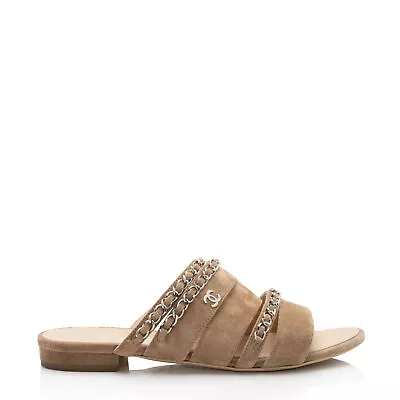 Chanel Suede CC Chain Slide Sandals - Size 7C / 37C • $560