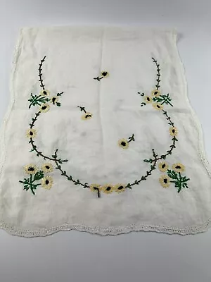 Vintage Dresser Scarf Table Runner Floral  Hand Embroidered Yellow Green • $12.60