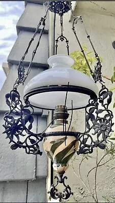 1900-1920’s Wired Ceiling Oil Lamp Original Glass Shade Iron Metal Ceramic Glass • $522