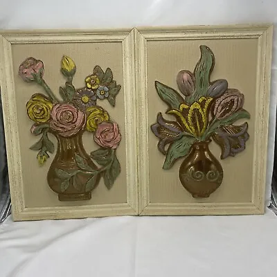 Vintage Framed Molded Vase With Flowers Set Of 2 Plastic Roses Cooper • $11.55