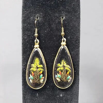 Vintage Dangle Earrings Gold Tone Painted Palm Trees Modernist Bohemian 2.5  • $24.99