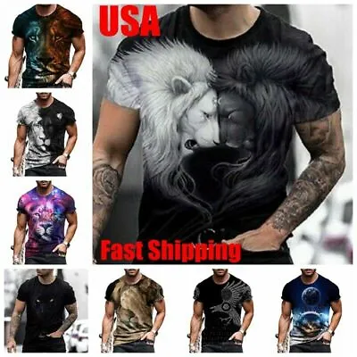 Men T-Shirt Fashion Graphic Casual Black Short Sleeve Muscle Lions Fitness Tops • $18.86