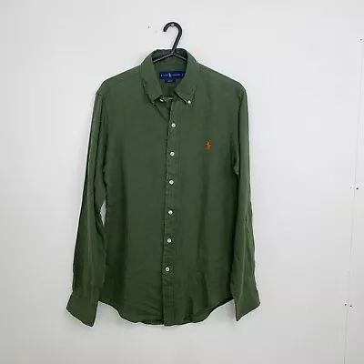 Polo Ralph Lauren Linen Button-Up Shirt Mens Size S Green Olive Summer Logo. • £49.99