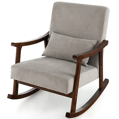 Wooden Rocking Accent Chair Upholstered Rocker Armchair W/ Rubber Wood Armrests • £114.95