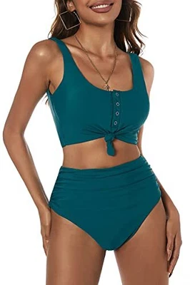 $10.49 • Buy ZAFUL Womens Knotted Front Tankini Set High Waisted Bikini Scoop Neck Two