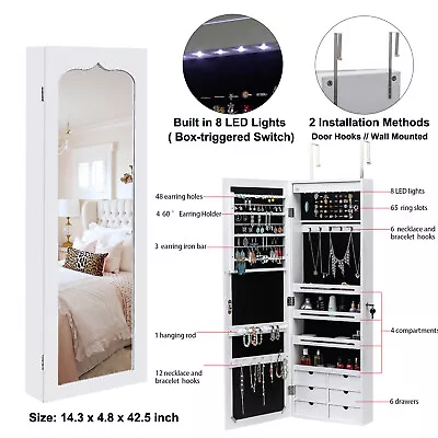 Wall Door Mounted LED Mirror Jewelry Cabinet Lockable Armoire With Drawers White • $99.99