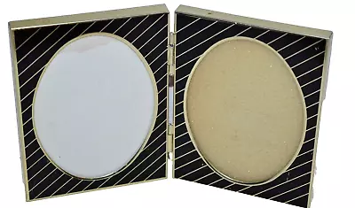 Vtg Bi-fold Gold Black Striped Brass Metal MCM 3x5 Oval Photo Picture Frame • $12.50