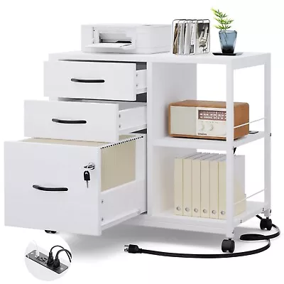 3 Drawer File Cabinet With Charging Ports Locking Drawers Rolling Lateral White • $94.99