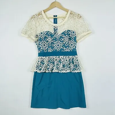 A'reve Areve Anthropologie Retro Daisy Sheer Lace Teal Dress Womens Medium • $19.99