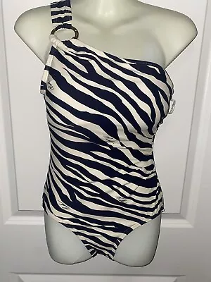 Michael Kors Womens 8 Padded Ruched Side One Shoulder Zebra Print One Piece... • $32.99