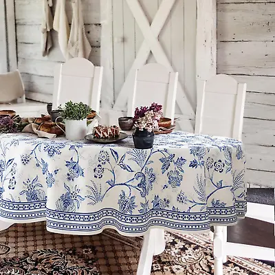 Blue Floral Oval Tablecloth 60X84 Inch Blue And White French Country Tablecloth • $60