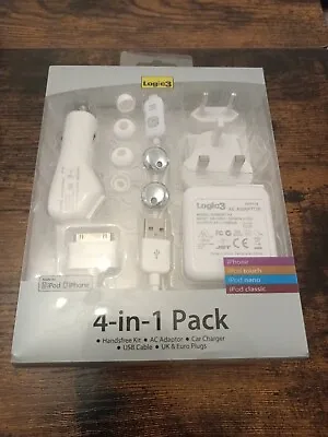 Logic3 4-in-1 Pack For Apple IPhone/iPod Handsfree Kit AC Adapter Car Charger  • £9