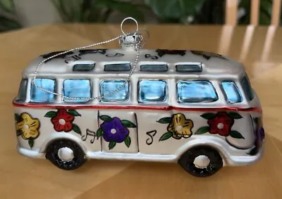 VW BUS VOLKSWAGEN PEACE FLOWERED GLASS ORNAMENT HIPPIE RETRO Nice Mint Holidays • $19.99