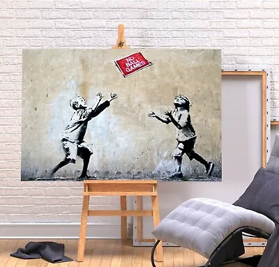 Banksy No Ball Games - Deep Framed Canvas Wall Art Graffiti  Print- Red • £64.99