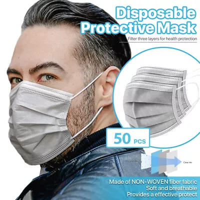 [Grey] 50 Pcs Disposable Face Masks 3-Ply Non Medical Surgical Earloop Cover • $12.99