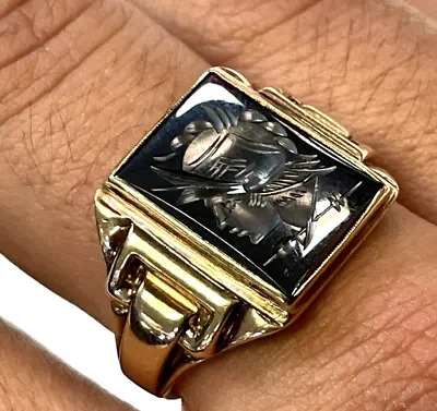 Vintage Estate 10K Solid Yellow Gold Hematite Intaglio Cameo Men Ring Size 11.5 • $450